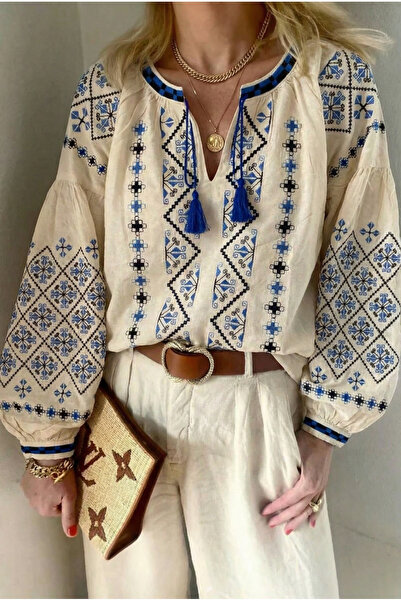 FEMELLE Women's Beige Balloon Sleeve Collar Tassel Embroidered Blouse