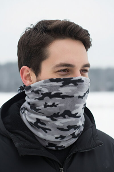 Mrey Gray Camouflage Winter Thermal Fleece Drawstring Beanie Hat Scarf Beanie with Neck Gaiter
