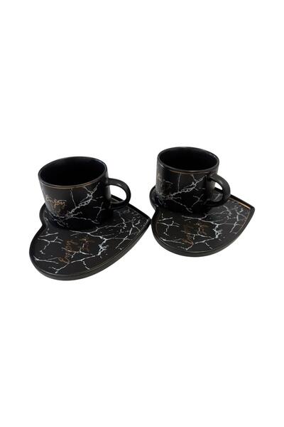 OEM Set of 2 Heart-Shaped Cups with Saucers – Black Marble Pattern, Elegant Design “Enjoy Life”