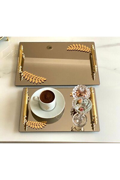 Mirsa Global صينية تقديم مزخرفة بنمط أوراق الشجر مع مرآة، صينية شاي، صينية شاي فاخرة