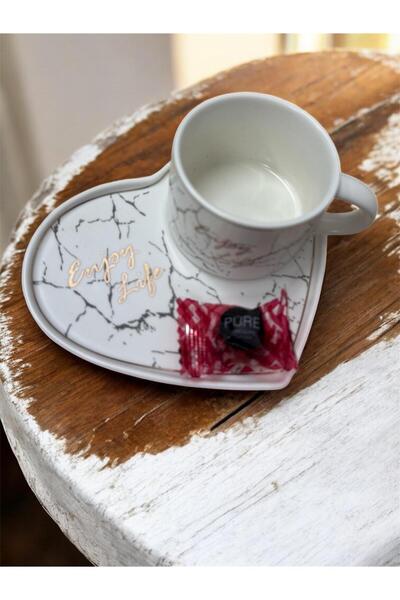OEM Set of 2 Heart-Shaped Cups with Saucers – White Marble Pattern, Elegant Design “Enjoy Life”