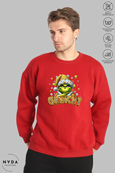 Nyda Collections Unisex Long Sleeve Grinchy Printed Crew Neck Hoodless Fleece-Lined Oversized Sweatshirt