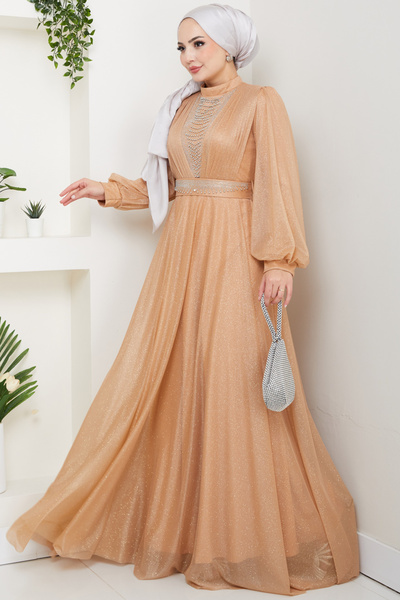 Feiza Collection Önü Piliseli Kemerli Abiye Elbise -GOLD