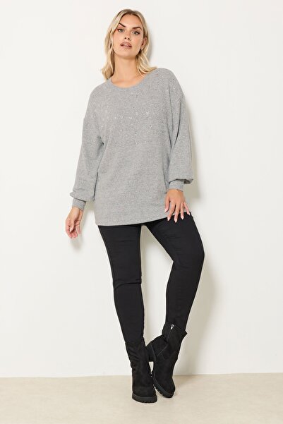 Stil Diva Plus Size Crew Neck Long Sleeve Stone Detailed Plush Sweater 285065