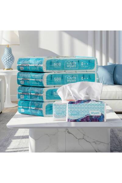 WHITE 4 packs of White facial tissues, three-ply, soft and strong, for daily use. Each pack contains 500 tissues.