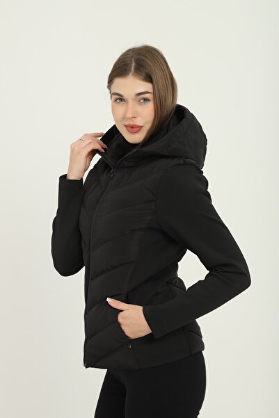 mmetalic Women's Black Hooded Pocket Casual Thermal Contrast Puffer Coat