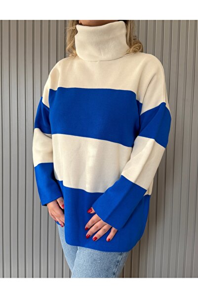 Bisou Saks Mavisi Çizgili Boğazlı Kazak