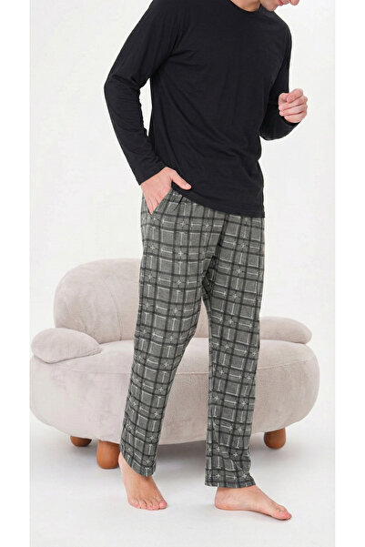 Pijamasoft طقم بيجامة رجالي بجيوب أسود-كاكي أخضر قماش منقش مطبوع قطن قطع محبو...