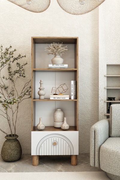 izcodesign 4 Raflı 162 cm Bohem Model MDF Membran Kapaklı Salon Dolabı Kitaplık Çok Amaçlı Dolap