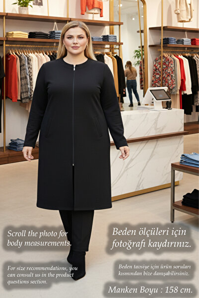 Laden Knitwear Transitional Steel Knit Plus Size Zippered Cap Long Cardigan Black Mother Cardigan