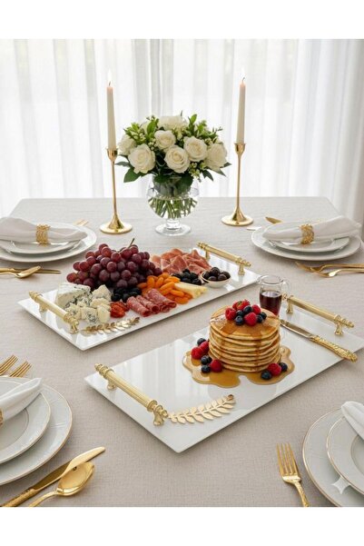 Mirsa Global صينية تقديم مزخرفة بنمط أوراق الشجر مع مرآة، صينية شاي، صينية شاي فاخرة