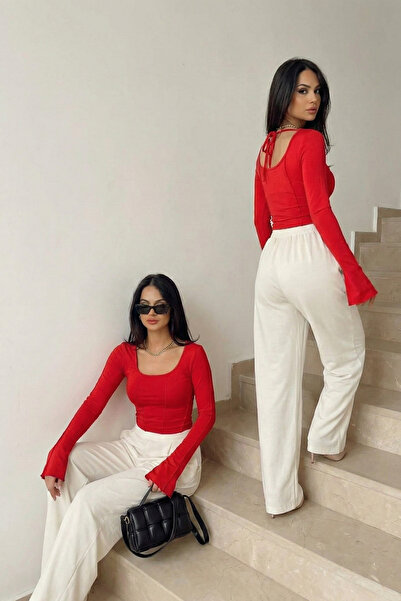 World Fashion Trends Women's long-sleeved square collar sleeve flounced back low-cut stitching detail blouse