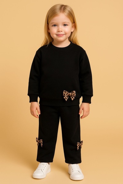 G-Smart Kids طقم بناتي أسود بتفاصيل فيونكة على شكل جلد الفهد وساق واسعة