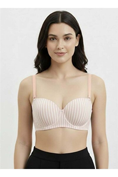 Comfort Women's Padded Striped Memory Foam Bra - Non-Wired, Light Pink