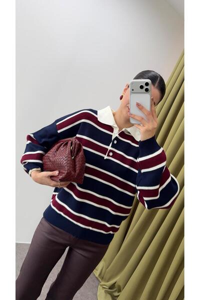 HAZELANNA Polo Neck Navy Blue Striped Sweater