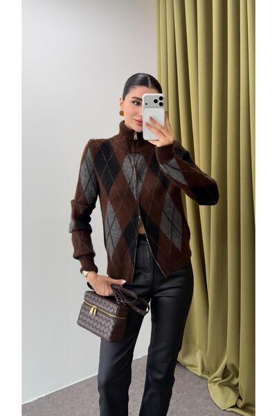 HAZELANNA Coffee Baklava Patterned Cardigan