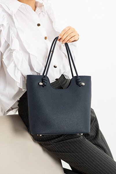 Just Polo Elite Navy Blue Knot Detailed Large Internal Volume D Leather-Look Women's Hand and Shoulder Bag Pbu2207