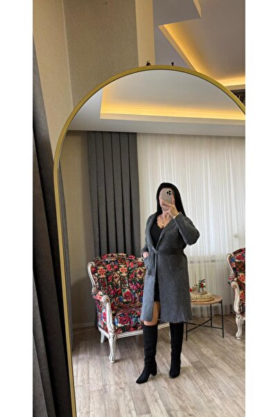 fatma keskin linna butik Women's Anthracite Belted Long Cardigan with Pockets