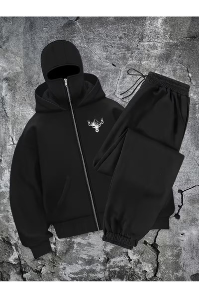 ANUSHKA Unisex Deer Printed Masked 3 Thread Ş Fleece-Lined Tracksuit Set