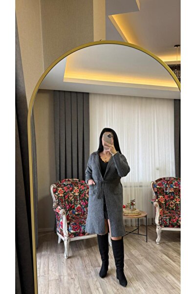 fatma keskin linna butik Women's Anthracite Belted Long Cardigan with Pockets