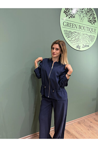 Greenboutique Front Zippered Sequined Waist-Tied Navy Blue Suit