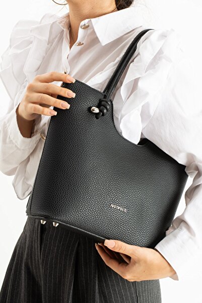 Just Polo Elite Black Knot Detailed Large Capacity D Leather-Look Women's Hand and Shoulder Bag Pbu2207