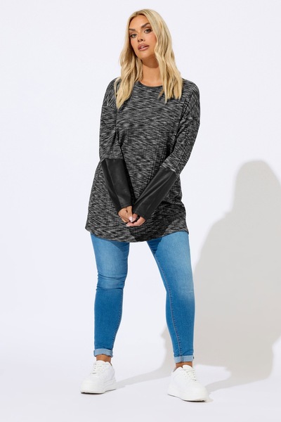 Stil Diva Plus Size Crew Neck Long Sleeve Leather Detailed T-Shirt 303939