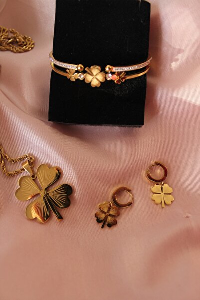 Kudi Four Clover Twisted Heart Necklace Clover Earrings and Clover Bracelet Three-Piece Set