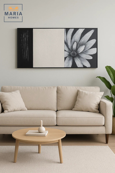 MARIA HOMES Black and White Floral Textured Wall Art – Modern Minimalist Flower Canvas for Home 140*70CM