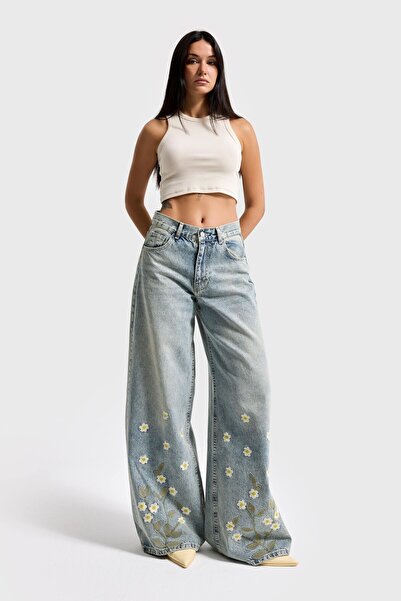 it's basic Women's T.Kot Color 4S6-67 Palazzo Fit Special Floral Embroidered Design Denim Jean