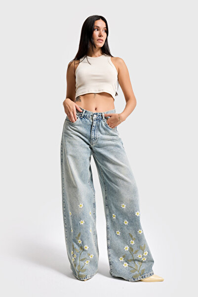 it's basic Women's T.Kot Color 4S6-67 Palazzo Fit Special Floral Embroidered Design Denim Jean