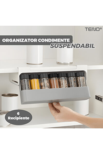 Teno ® Hanging Spice Organizer, 6 containers with lids, easy to install, retractable, grey