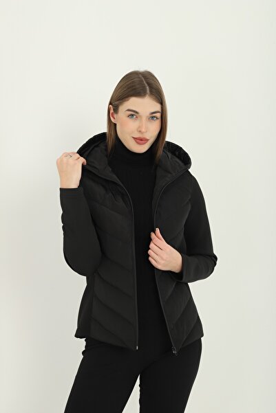 mmetalic Women's Black Hooded Pocket Casual Thermal Contrast Puffer Coat
