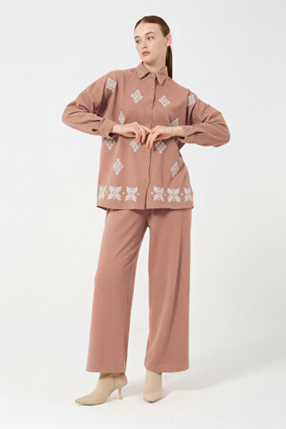 Hatun Atila Embroidered Hera Fabric Double Suit 7670 Pink