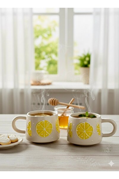 ESAY STORE İKİLİ LİMON DESENLİ ÖZEL KABARTMALI EL YAPIMI SERAMİK KUPA SETİ