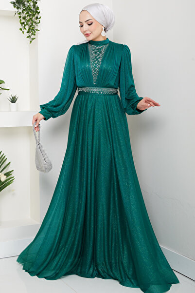 Feiza Collection Önü Piliseli Kemerli Abiye Elbise -YEŞİL