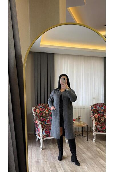 fatma keskin linna butik Women's Anthracite Belted Long Cardigan with Pockets