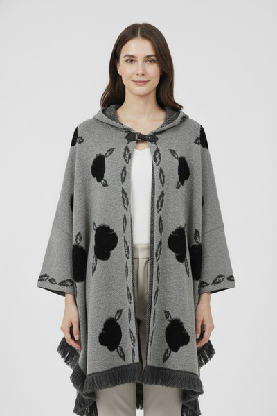 Uludağ Triko Gray Black Embossed Rose Patterned Hooded Women's Poncho