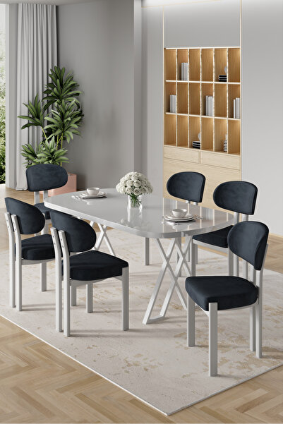 Canisa Radon Serisi MDF 90x168 Sabit Beyaz Mutfak Masası Takımı 6 Antrasit Sa...