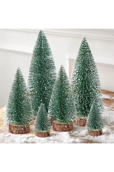 Generic 6 Pcs Mini Artificial Christmas Trees Bottle Brush Snow Frost Pine Wooden Base Tabletop Decoration
