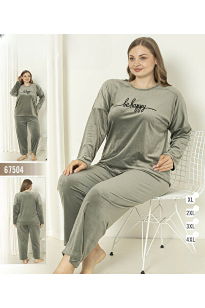 turkish Light Olive Velvet Women's Pajama Set embroidered with 'Be Happy'