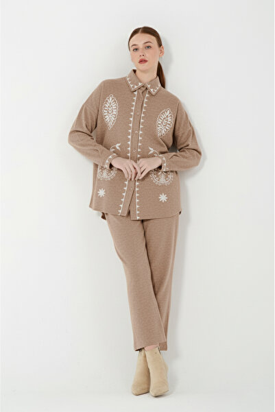 Hatun Atila Embroidered Hera Fabric Double Suit 8564 Light Brown