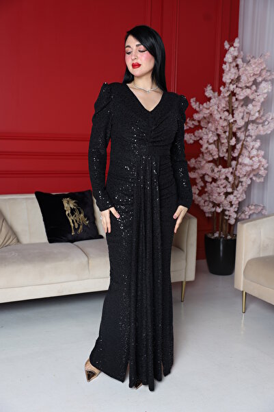 berlanty فستان سهرة ماكسي أسود بترتر لامع بتصميم درابيه أنيق