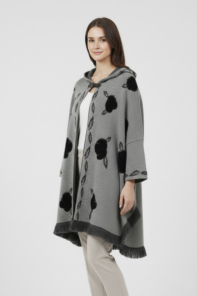 Uludağ Triko Gray Black Embossed Rose Patterned Hooded Women's Poncho