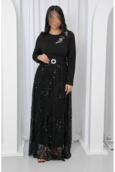 SELSAL Elegant, shimmering black sequined dress with sleeves