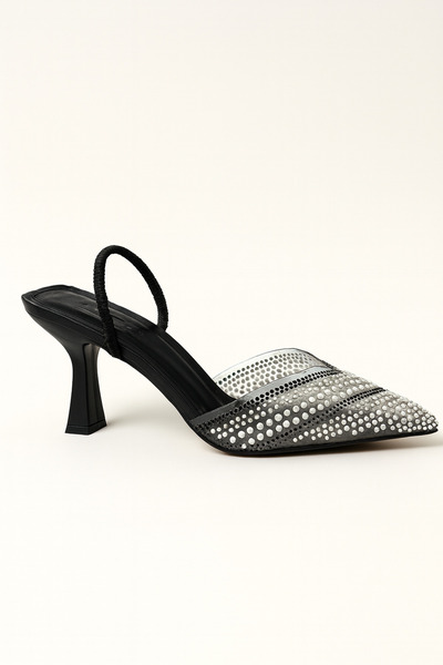 Beyond Women's Black Transparent Pearl Stone Pointed Toe Evening Dress Shoes 8.5 cm Byndprs07