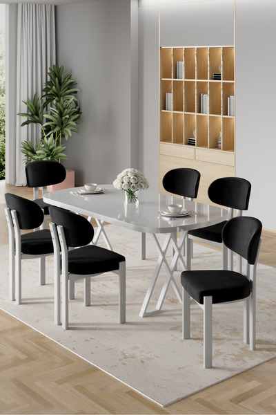 Canisa Radon Serisi MDF 90x168 Sabit Beyaz Mutfak Masası Takımı 6 Siyah Sandalye