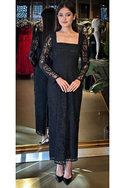 Abiyeniall Siyah Kare Yaka Uzun Kollu Yırtmaçlı Düz Kesim Dantel Midi Abiye E...