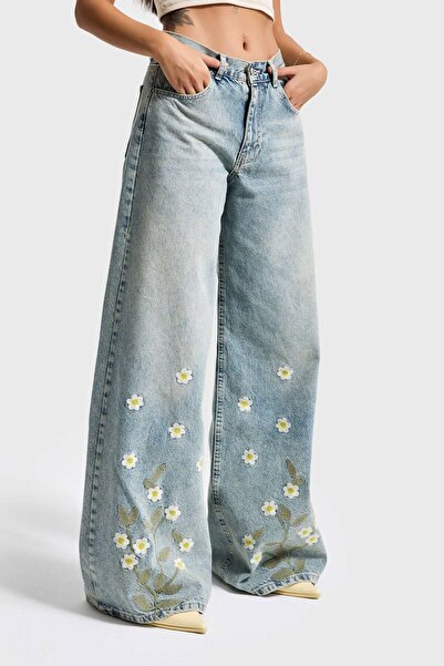 it's basic Women's T.Kot Color 4S6-67 Palazzo Fit Special Floral Embroidered Design Denim Jean