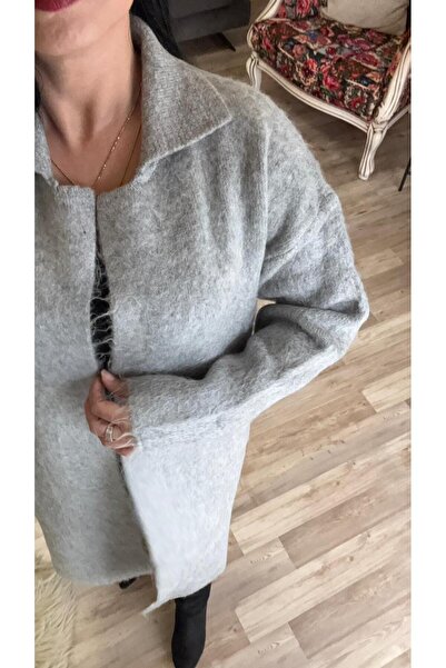 fatma keskin linna butik Women's Gray Belted Long Cardigan with Pockets